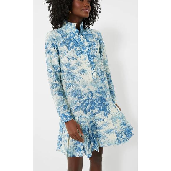 Tuckernuck Tate Dress Misty Blue Toile Pleated Mini Linen Cotton Ruffle Neck XS - Picture 3 of 11